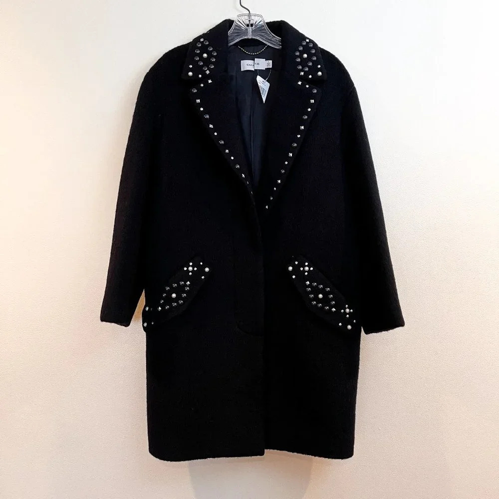 Coach Embellished Black Wool Blend Classic Long Collared Designer Trench Coat 4 - Picture 2 of 10